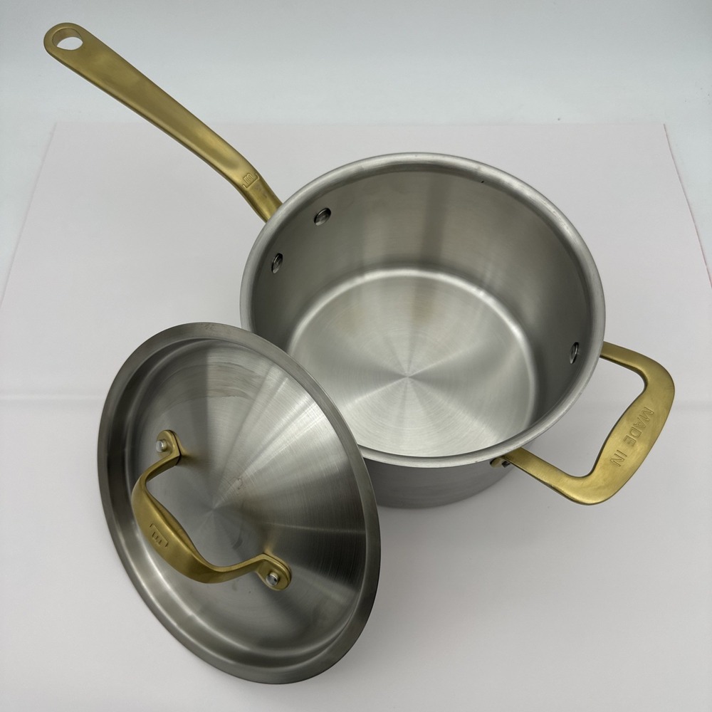 Made-In Cookware Italy 4 qt Stainless Saucepan Gold Handle W/Lid NEW